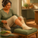 Mujer adulta sentada en casa con una pierna elevada sobre un reposapiés, usando una media de compresión y sosteniendo un zapato, junto a una taza, un vaso de agua y un cuenco de comida.