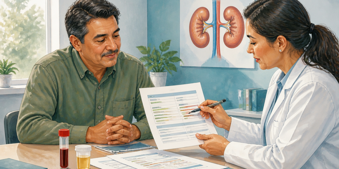 Médica revisando resultados de análisis con un hombre adulto en consulta, junto a muestras de sangre y orina y una ilustración de los riñones al fondo.