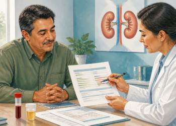 Médica revisando resultados de análisis con un hombre adulto en consulta, junto a muestras de sangre y orina y una ilustración de los riñones al fondo.