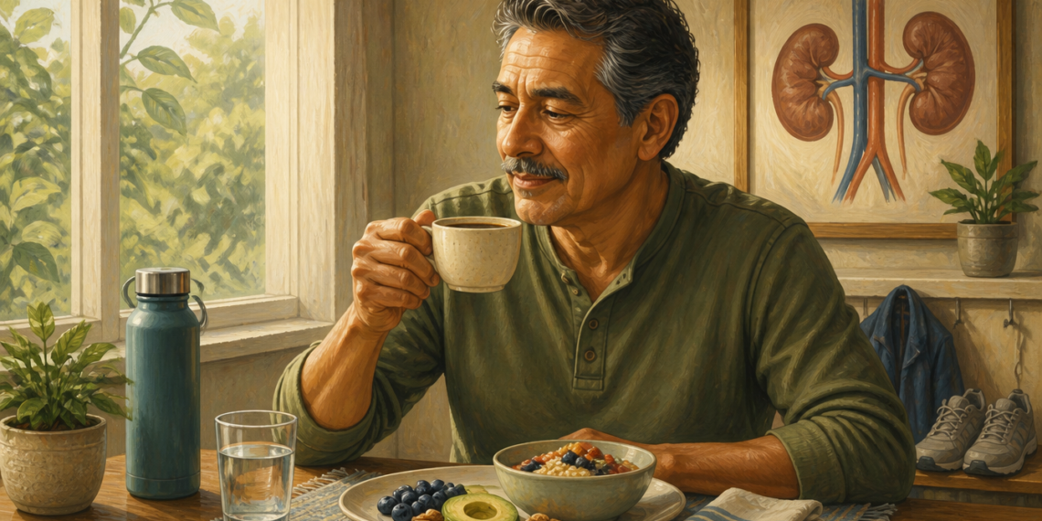 Hombre adulto tomando una taza de café durante el desayuno, junto a un vaso y una botella de agua, alimentos saludables, zapatillas deportivas y una ilustración anatómica de los riñones al fondo.