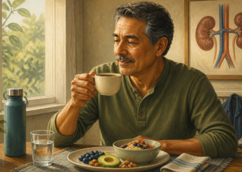 Hombre adulto tomando una taza de café durante el desayuno, junto a un vaso y una botella de agua, alimentos saludables, zapatillas deportivas y una ilustración anatómica de los riñones al fondo.