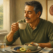 Hombre adulto tomando una taza de café durante el desayuno, junto a un vaso y una botella de agua, alimentos saludables, zapatillas deportivas y una ilustración anatómica de los riñones al fondo.