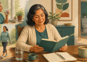 Mujer adulta leyendo en casa junto a un vaso de agua y un cuaderno, acompañada por escenas en las que bebe agua y camina, con un baño visible al fondo.