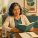 Mujer adulta leyendo en casa junto a un vaso de agua y un cuaderno, acompañada por escenas en las que bebe agua y camina, con un baño visible al fondo.