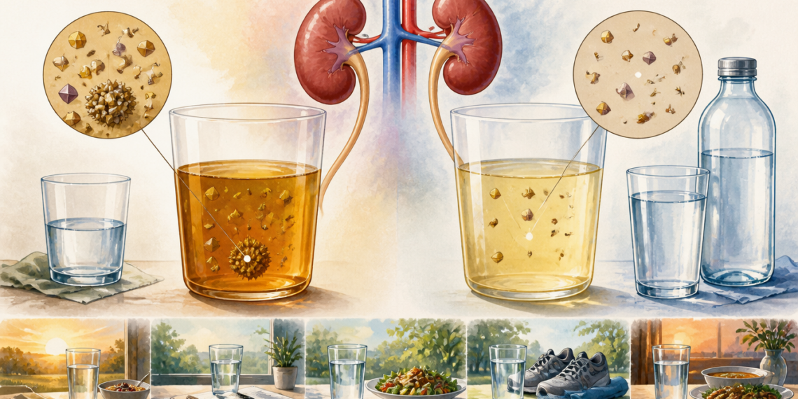 Ilustración de los riñones y dos vasos de orina, uno más oscuro y concentrado y otro más claro, junto a vasos de agua, una botella y pequeños cristales ampliados que representan cálculos renales.