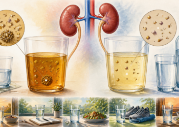 Ilustración de los riñones y dos vasos de orina, uno más oscuro y concentrado y otro más claro, junto a vasos de agua, una botella y pequeños cristales ampliados que representan cálculos renales.