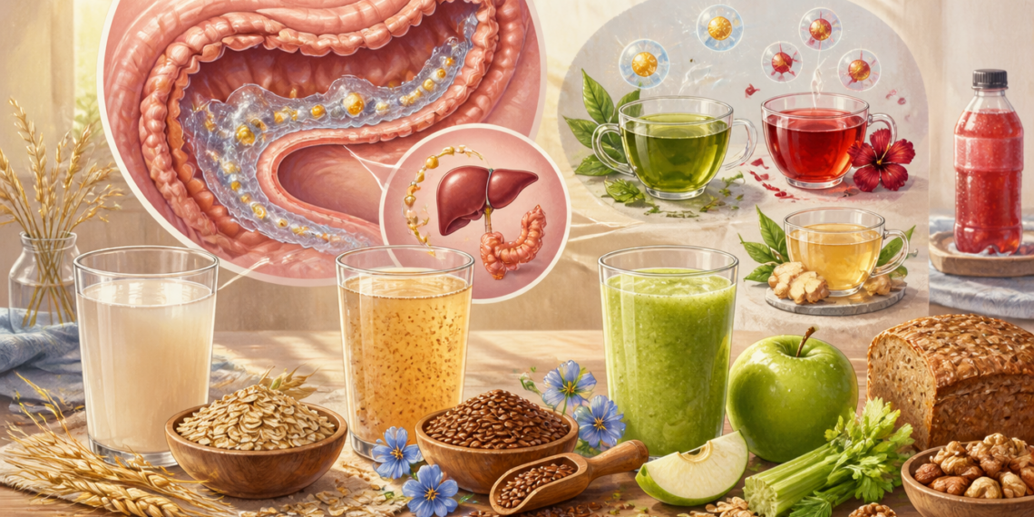 Bebidas naturales y alimentos ricos en fibra junto a una ilustración del intestino y el hígado, con vasos de avena, semillas, batido verde, té, manzana, apio, pan integral y frutos secos.