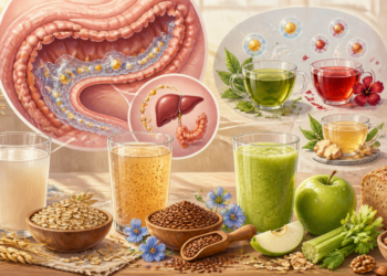 Bebidas naturales y alimentos ricos en fibra junto a una ilustración del intestino y el hígado, con vasos de avena, semillas, batido verde, té, manzana, apio, pan integral y frutos secos.