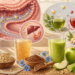 Bebidas naturales y alimentos ricos en fibra junto a una ilustración del intestino y el hígado, con vasos de avena, semillas, batido verde, té, manzana, apio, pan integral y frutos secos.