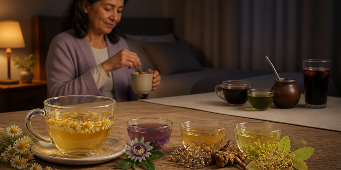 Varias tazas y vasos con infusiones sobre una mesa, con flores y hierbas visibles, mientras una mujer mayor prepara una bebida caliente por la noche en una habitación con la cama al fondo.