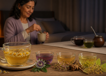 Varias tazas y vasos con infusiones sobre una mesa, con flores y hierbas visibles, mientras una mujer mayor prepara una bebida caliente por la noche en una habitación con la cama al fondo.