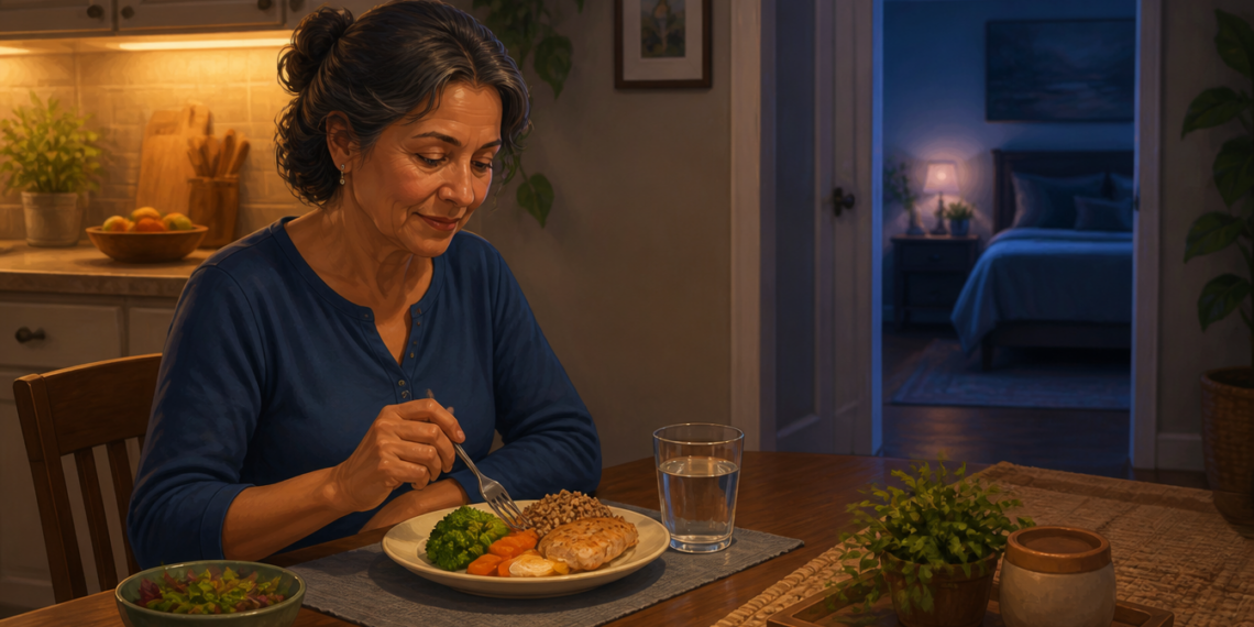 Mujer mayor cenando pescado, verduras y cereales integrales en una mesa durante la noche, con un dormitorio iluminado al fondo.
