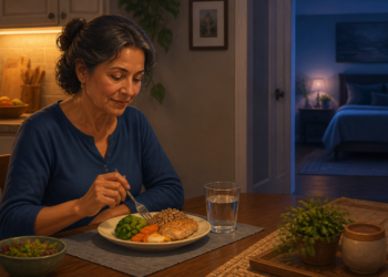 Mujer mayor cenando pescado, verduras y cereales integrales en una mesa durante la noche, con un dormitorio iluminado al fondo.