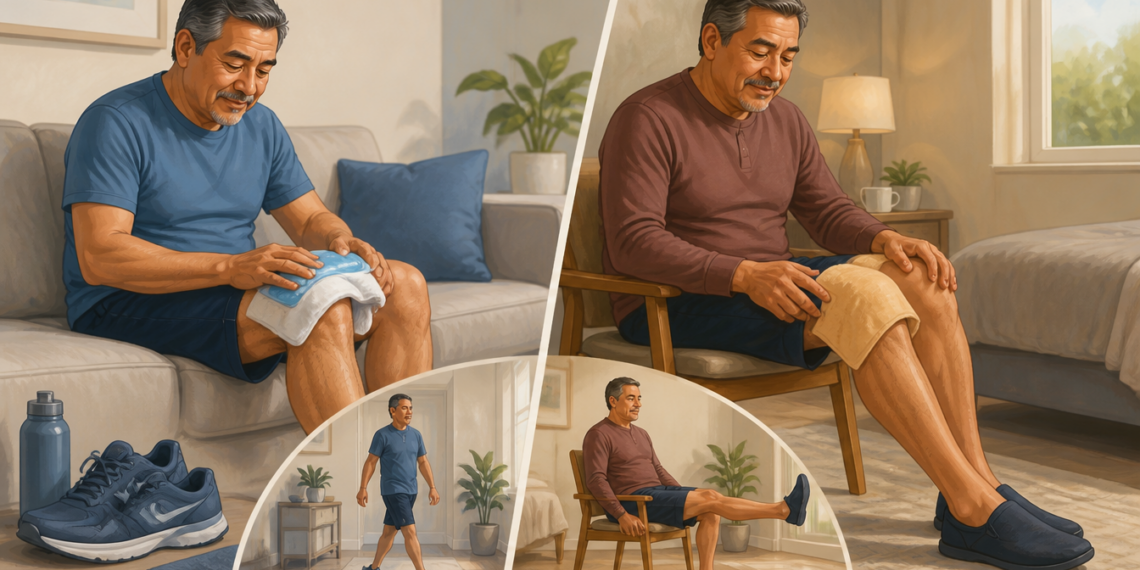 Composición con varias escenas de un hombre mayor aplicando una compresa fría y otra tibia sobre la rodilla, además de caminar y hacer un ejercicio sentado para aliviar dolor leve de rodilla en casa.