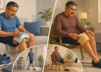 Composición con varias escenas de un hombre mayor aplicando una compresa fría y otra tibia sobre la rodilla, además de caminar y hacer un ejercicio sentado para aliviar dolor leve de rodilla en casa.
