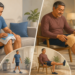 Composición con varias escenas de un hombre mayor aplicando una compresa fría y otra tibia sobre la rodilla, además de caminar y hacer un ejercicio sentado para aliviar dolor leve de rodilla en casa.