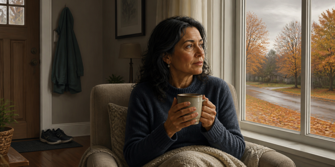 Mujer mayor sentada junto a una ventana en casa, con una taza entre las manos y una manta sobre las piernas, mirando un paisaje otoñal en un día gris.