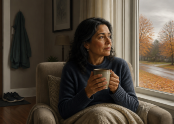 Mujer mayor sentada junto a una ventana en casa, con una taza entre las manos y una manta sobre las piernas, mirando un paisaje otoñal en un día gris.