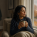 Mujer mayor sentada junto a una ventana en casa, con una taza entre las manos y una manta sobre las piernas, mirando un paisaje otoñal en un día gris.