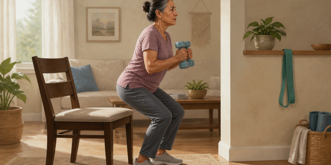 Mujer mayor realizando una sentadilla con dos mancuernas en casa, junto a una silla utilizada como referencia durante el ejercicio de fuerza.