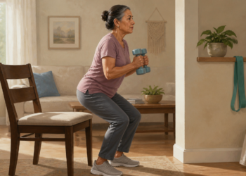 Mujer mayor realizando una sentadilla con dos mancuernas en casa, junto a una silla utilizada como referencia durante el ejercicio de fuerza.