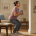 Mujer mayor realizando una sentadilla con dos mancuernas en casa, junto a una silla utilizada como referencia durante el ejercicio de fuerza.