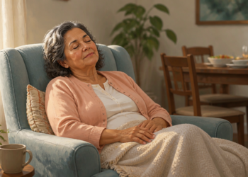 Mujer mayor descansando con los ojos cerrados en un sillón junto a una ventana, cubierta con una manta en una sala de estar luminosa.