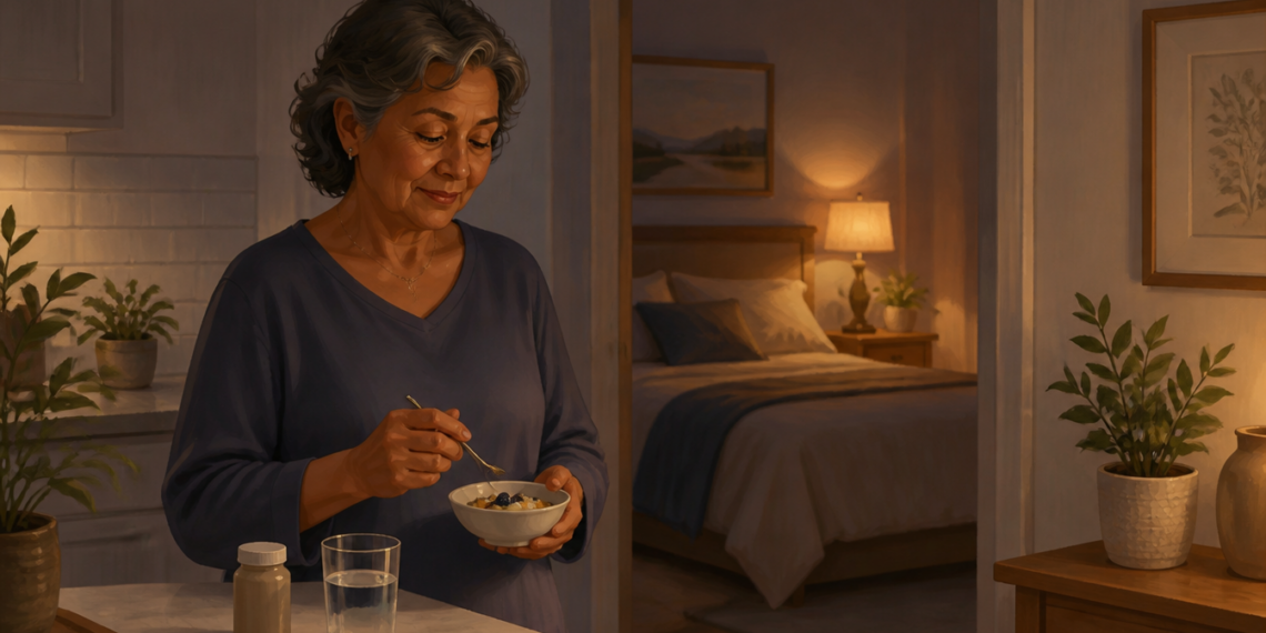 Mujer mayor tomando un alimento con cuchara junto a un vaso de agua y un frasco de suplemento, con el dormitorio preparado al fondo durante la noche.