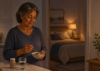 Mujer mayor tomando un alimento con cuchara junto a un vaso de agua y un frasco de suplemento, con el dormitorio preparado al fondo durante la noche.
