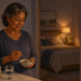 Mujer mayor tomando un alimento con cuchara junto a un vaso de agua y un frasco de suplemento, con el dormitorio preparado al fondo durante la noche.