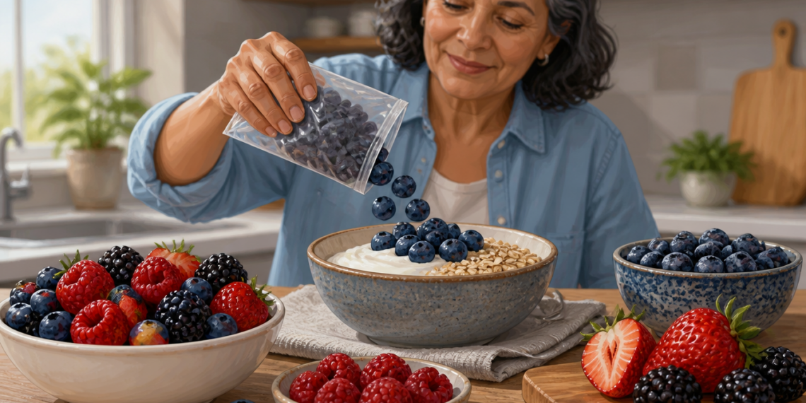 Mujer mayor añadiendo arándanos a un cuenco con yogur y avena, rodeada de fresas, frambuesas, moras y otros frutos rojos en una cocina luminosa.