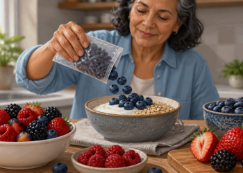 Mujer mayor añadiendo arándanos a un cuenco con yogur y avena, rodeada de fresas, frambuesas, moras y otros frutos rojos en una cocina luminosa.