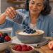 Mujer mayor añadiendo arándanos a un cuenco con yogur y avena, rodeada de fresas, frambuesas, moras y otros frutos rojos en una cocina luminosa.