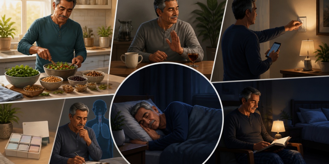 Collage de un hombre mayor en distintas escenas relacionadas con el sueño: prepara una ensalada, evita una bebida, ajusta la luz, toma notas, duerme en la cama y lee de noche, junto a una caja de suplementos.