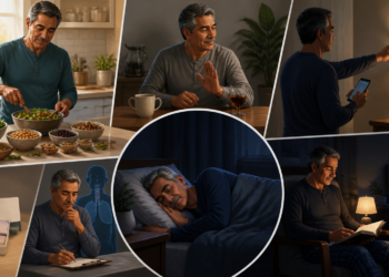 Collage de un hombre mayor en distintas escenas relacionadas con el sueño: prepara una ensalada, evita una bebida, ajusta la luz, toma notas, duerme en la cama y lee de noche, junto a una caja de suplementos.