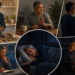 Collage de un hombre mayor en distintas escenas relacionadas con el sueño: prepara una ensalada, evita una bebida, ajusta la luz, toma notas, duerme en la cama y lee de noche, junto a una caja de suplementos.