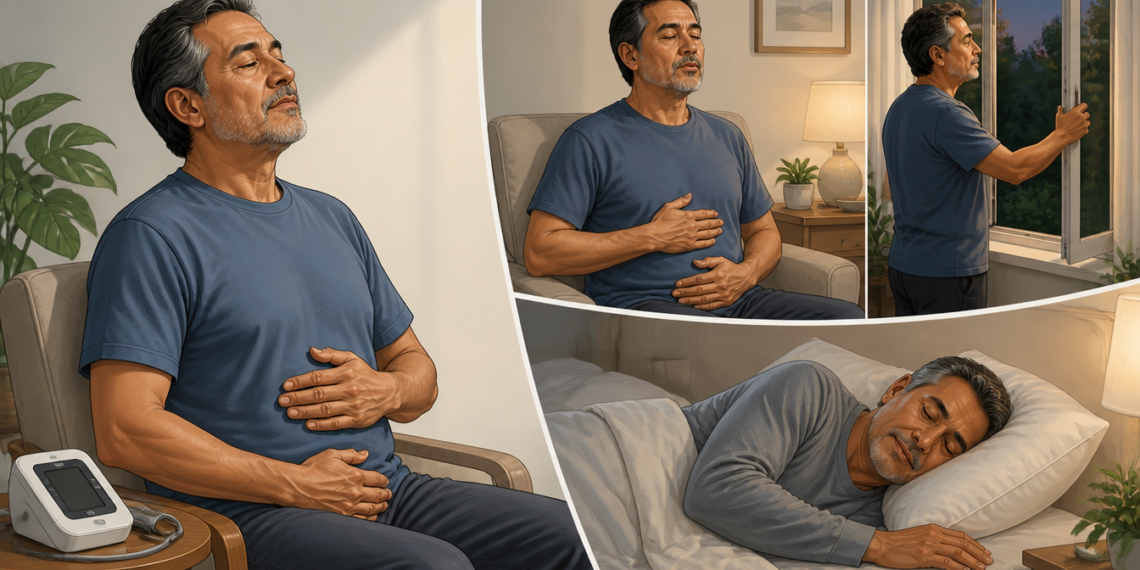 Collage de un hombre mayor practicando respiración tranquila sentado, abriendo una ventana y durmiendo de lado, con un tensiómetro visible junto a él.
