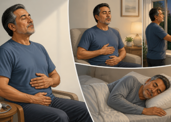 Collage de un hombre mayor practicando respiración tranquila sentado, abriendo una ventana y durmiendo de lado, con un tensiómetro visible junto a él.