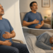 Collage de un hombre mayor practicando respiración tranquila sentado, abriendo una ventana y durmiendo de lado, con un tensiómetro visible junto a él.