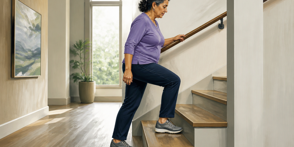 Mujer mayor subiendo una escalera en casa mientras se sujeta del pasamanos, con ropa cómoda y zapatillas deportivas.