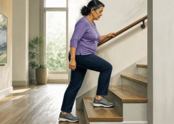 Mujer mayor subiendo una escalera en casa mientras se sujeta del pasamanos, con ropa cómoda y zapatillas deportivas.