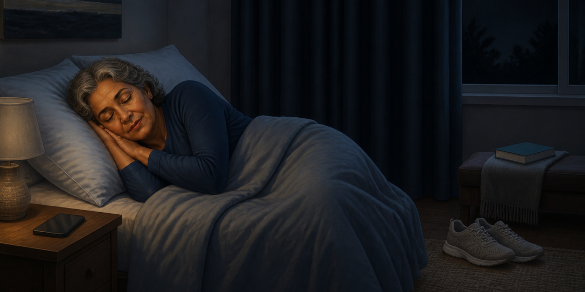 Mujer mayor durmiendo de lado en la cama durante la noche, arropada con una manta azul en un dormitorio tenue con mesita de noche, lámpara y un teléfono móvil al lado.