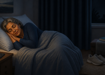 Mujer mayor durmiendo de lado en la cama durante la noche, arropada con una manta azul en un dormitorio tenue con mesita de noche, lámpara y un teléfono móvil al lado.