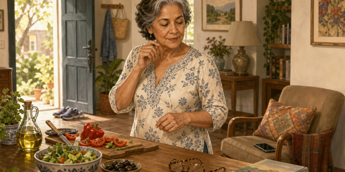 Mujer mayor en casa junto a una mesa con ensalada, tomate, aceite de oliva y gafas, en una escena cotidiana relacionada con hábitos saludables y memoria después de los 60.