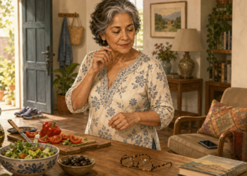Mujer mayor en casa junto a una mesa con ensalada, tomate, aceite de oliva y gafas, en una escena cotidiana relacionada con hábitos saludables y memoria después de los 60.