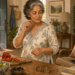 Mujer mayor en casa junto a una mesa con ensalada, tomate, aceite de oliva y gafas, en una escena cotidiana relacionada con hábitos saludables y memoria después de los 60.