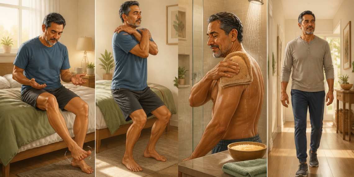 Secuencia de un hombre mayor al levantarse por la mañana, estirando hombros y cuello, aplicando calor en un hombro durante la ducha y caminando por casa.
