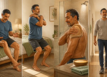 Secuencia de un hombre mayor al levantarse por la mañana, estirando hombros y cuello, aplicando calor en un hombro durante la ducha y caminando por casa.