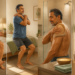 Secuencia de un hombre mayor al levantarse por la mañana, estirando hombros y cuello, aplicando calor en un hombro durante la ducha y caminando por casa.