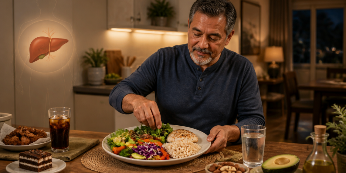 Hombre adulto cenando un plato con verduras, ensalada, arroz integral y una porción de alimento a la plancha, junto a agua, aguacate, frutos secos y aceite de oliva; a un lado aparecen refresco, frituras y pastel, con una ilustración del hígado al fondo.